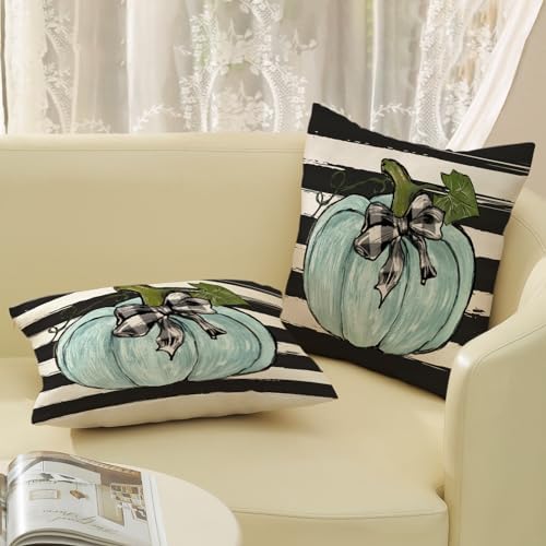 Fall Pillow Covers 18x18 Inch Pack of 2 Teal Blue Pumpkin Leaf Stripes Fall Decor Pillowcase Autumn Thanksgiving Decorative Outdoor Throw Pillow Covers Linen Farmhouse Cushion Case for Sofa Home - Image 4