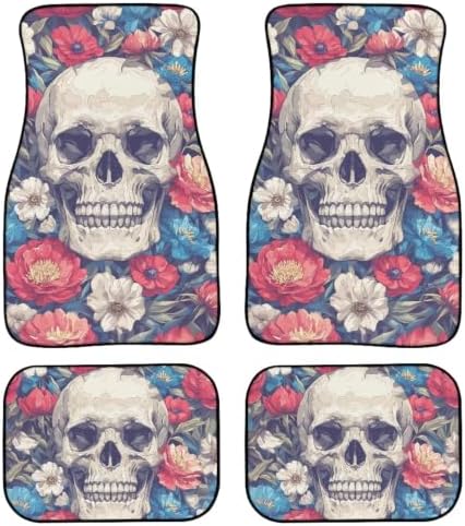 Sugar Skull Car Accessories Floor Mats 4PCS, Floral Rubber Front and Rear Mats Non-Slip Floor Mats, All Season Heel Pad Fit for SUV Van