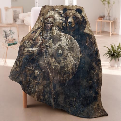 Native American and Bear Throw Blanket Gifts for Women Kids, 40x50in - Image 2