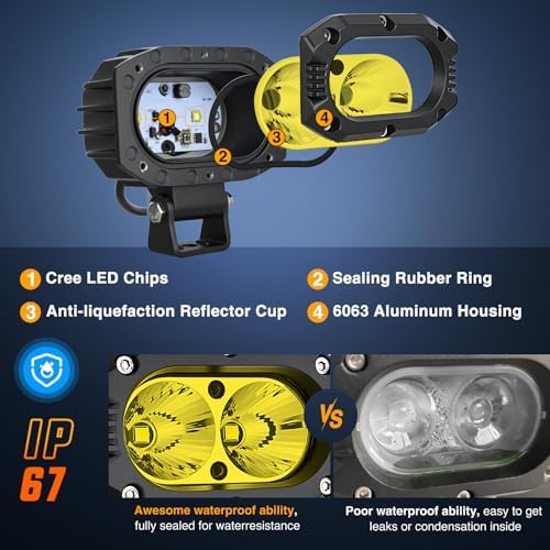 Nilight LED Pod Light 24W 4 Inch 2PCS Yellow Flood Beam Driving Lights Pods IP67 Waterproof Auxiliary Offroad Lighting for Truck Tractor SUV ATV UTV Golf Cart Boat Motorcycle Dirt Bike