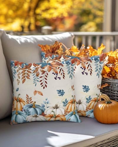 JasmineM Thanksgiving Fall Orange Blue Pumpkin Pillow Covers 20x20 Inch Set of 2, Farmhouse Leaves Decorations Indoor Outdoor Throw Pillows, Orange Blue Linen Pillowcases for Patio Sofa Couch Bedroom - Image 4