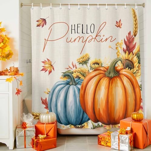 Fall Shower Curtain Autumn Hello Pumpkin Bathroom Curtains with Hooks, Waterproof Polyester Fabric Harvest Thanksgiving Maple Leaves Sunflower Shower Curtains Set for Bathroom Bathtubs Decor 72"x72" - Image 3