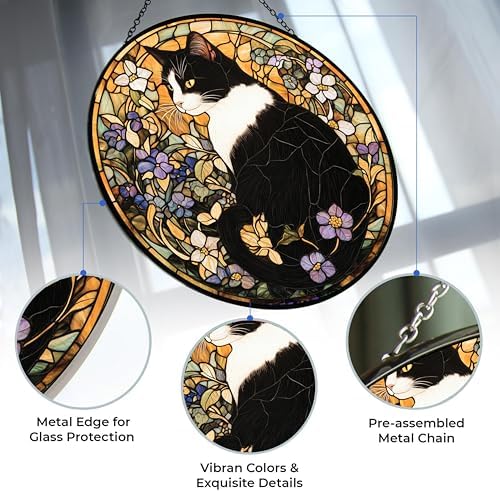 Art Nouveau Floral Tuxedo Cat Stained Glass Window Hanging, Colorful Art Nouveau Floral Cat Sun Catchers Glass Panel Blue Suncatcher Decor for Birthday for Women, Men, Wife, Aunt, and Mom - Image 3