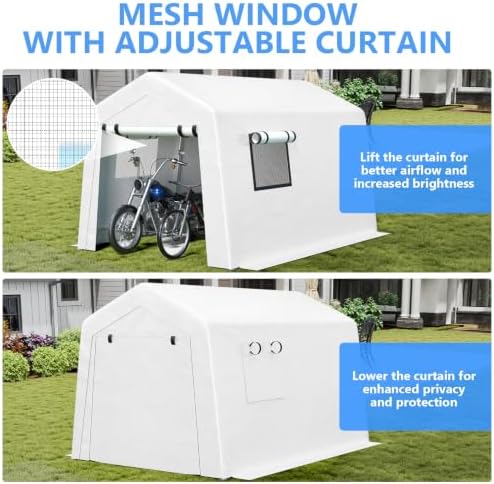 Jocoevol 8x10 FT Enclosed Carport with Roll-up Windows, Removable Sidewalls & Doors and Wind Ropes for Bike Motorcycle, White - Image 6