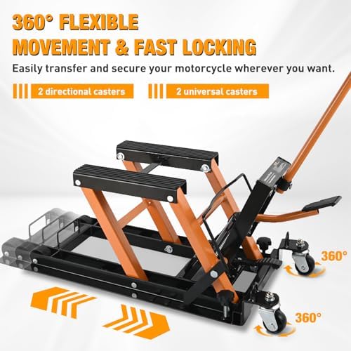 Nilight Motorcycle Lift Jack 1500 LBS Hydraulic Lifts ATV Scissor Jacks with Wheel Foot Pedal Handle Ratchet Belt Heavy Duty Lifter Stand Hoist Table for Dirt Bike Garage Storage Repair Tool,Orange - Image 5
