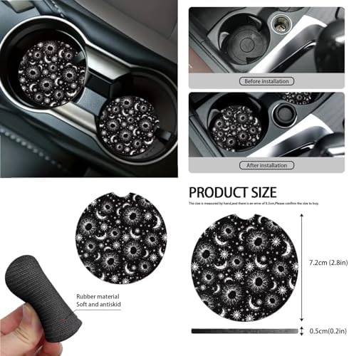 Celestial Sun Moon Stars Print Car Seat Covers 15Pcs Full Set Car Steering Wheel Cover Seat Belt Cover Trash Bin Air Vent Storage Box Rear View Mirror Car Cup Holder Keychain