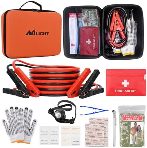 Nilight Car Emergency Kit with Jumper Cable, First Aid Kit Safety Assistance Tools for Travel Camping Outdoor Cars Truck SUV RV, Roadside Essentials with Flash Light