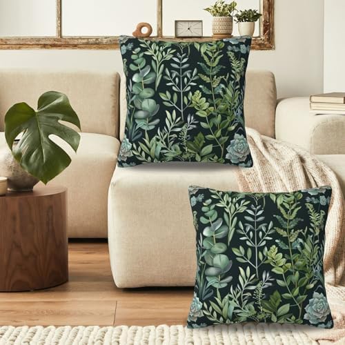 KiuLoam Black and Green Plant Pillow Covers 16x16 Inch Set of 2, Spring Botanical Plant Print Decorative Throw Pillow Cases, Botanical Style Couch Cushion Covers for Sofa Living Room Farmhouse Decor - Image 4
