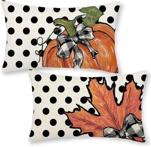 Fall Pillow Covers 12x20 Set of 2 Pumpkin Maple Leaves and Polka Dot Fall Decor Pillowcase Autumn Thanksgiving Decorative Outdoor Throw Pillow Covers Linen Farmhouse Cushion Case for Sofa Home by Gohdiwh