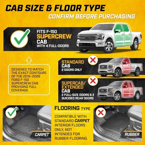 Cat® Floor Mats for 2015-2026 Ford F-150 SuperCrew Cab, Front & Rear, All Weather Protection 3D Contour Fit Custom Fit Floor Liners, Black