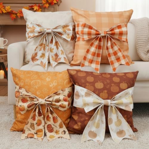 GAGEC 3D Fall Bow Pillow Covers 20x20 Inch Set of 4 Plaid Bow Pillowcases Marple Leaves Pumpkins Autumn Decor Fall Decorations for Home Farmhouse Sofa Cushion Case Holiday Thanksgiving Indoor Decor by GAGEC