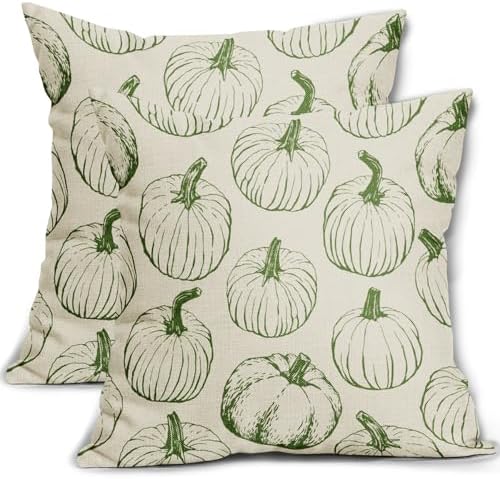 Green Pumpkin Fall Pillow Covers 16x16 Set of 2 Autumn Themed Thanksgiving Harvest Print Decorative Throw Pillows Outdoor Farmhouse Pillowcases Cushion Case Seasonal Decor for Couch Sofa Bed by Aytipun