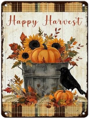 Thanksgiving Day Vintage Tin Sign Happy Harvest Metal Wall Art for Entryway Hotel Studio Fram Living Room 12x16Inch by Unknown