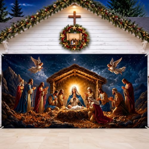 Preboun Christmas Nativity Scene Garage Door Banner 7 x 16 ft Holy Family by Preboun