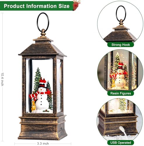 Christmas Snow Globes Water Lantern with Snowman, Black Brush Gold USB Lined Operated Lighted Lantern for Christmas Festival Decoration Gifts - Image 5