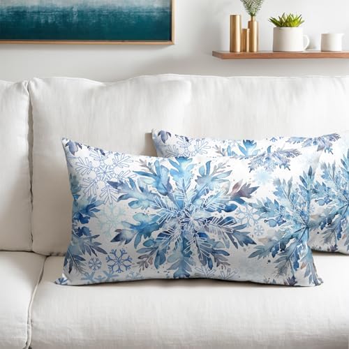 Christmas Pillow Covers 12x20 Set of 2 Decorations Blue White Snowflakes Throw Pillow Covers Decorative Vintage Winter Pillow Case Farmhouse Rustic Pillowcases Cozy Soft for Sofa Bed Chair Home Decor - Image 2