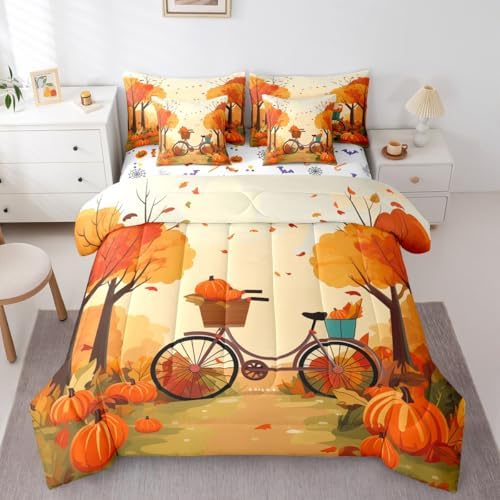Bicycle Full Comforter Set 7 Pieces,Bed in a Bag Full,Thanksgiving Pumpkin Bedding Set with Maple Leaves Country Farmhouse Autumn Decor Comforter,Flat Sheet,Fitted Sheet,Pillowcases,Pillow Shams by Erosebridal