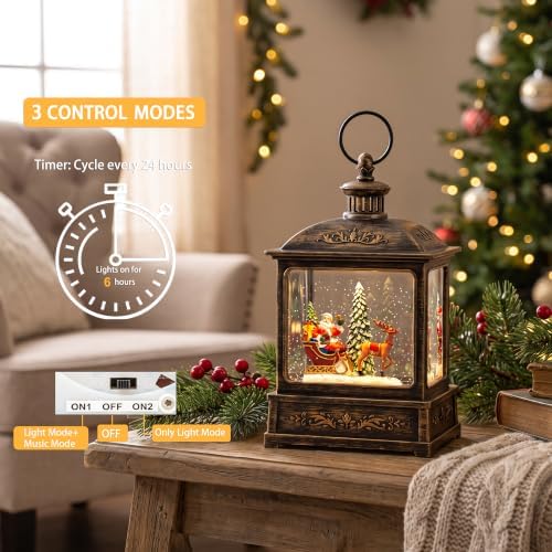 Christmas Snow Globe Lantern Water Glittering Santa Sleigh & Reindeer Scene with Music, USB Lined/Battery Operated Lighted Lantern for Christmas Festival Decoration Gifts - Image 4