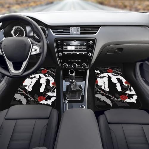 Gothic Skull Car Carpet Floor Mat Red Floral Rubber Heel Pad 4PC for Cars Trucks SUV Protection - Driver Seat, Passenger Seat and Rear Floor Mats