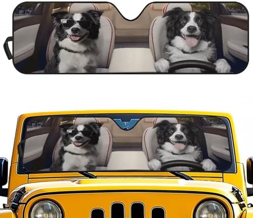 Renewold Automotive Windshield Sunshade for Jeep Wrangler JK JKU JL JLU 1997-2023 2/4 Door Gladiator JT Car Front Window Sun Visor Funny Border Collie Driving Blocks Sun UV Rays Sun Shade Cover Shield