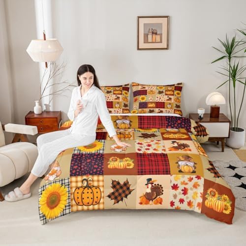 Homewish Fall Pumpkin Grid Comforter Set Rustic Farmhouse Maple Leaf Sunflower Bedding Set Thanksgiving Turkey Quilt Set Kids Boys Girls Adult Room Decor Vintage Brown Yellow Duvet Insert Twin Size - Image 4