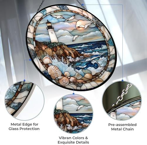 Stained Glass Window Hanging - Coastal Lighthouse Suncatcher Ready to Hang Window Doors Home Decoration and Christmas, Mother's Day Birthday Gifts for Women, Men, and Mom 7.8x7.8 in - Image 2