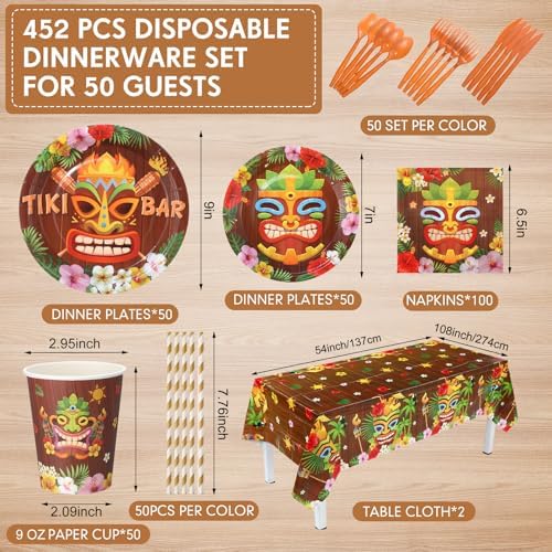 Funnymoom 452 Pcs Hawaiian Tiki Party Decorations Include Tiki Paper Plates Napkins Cups Tablecloth Cutlery Straws Hawaii Luau Party Supplies for Tropical Birthday Party Decorations - Image 3