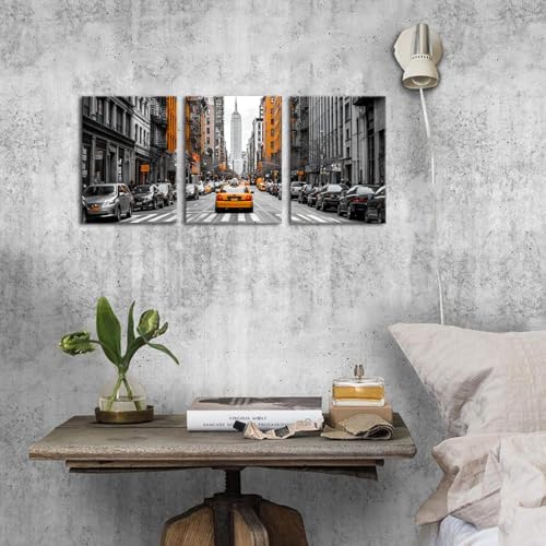 New York City Wall Art Black and White USA Street Poster Urban Yellow Taxi Car Wall Decor for Living Room Modern Building Picture NYC Scenery Panorama Artwork Bedroom Office Home Decoration 12x16" 3P - Image 2