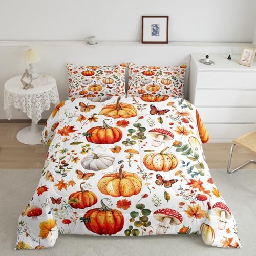 Feelyou Fall Bedding Set for Girls Boys Kids Toddler Size Halloween Pumpkin Autumn Comforter Cover Room Decor Cute Flowers Maple Leaves Duvet Cover White Yellow Orange Quilt Set by Feelyou
