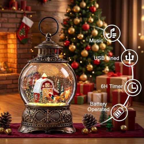 Christmas Snow Globes Christmas Water Lantern with Carriage Red barn Farm Scene Music & 6H Timer USB Lined/Battery Operated Lighted Lanterns for Xmas Festival Decoration - Image 3
