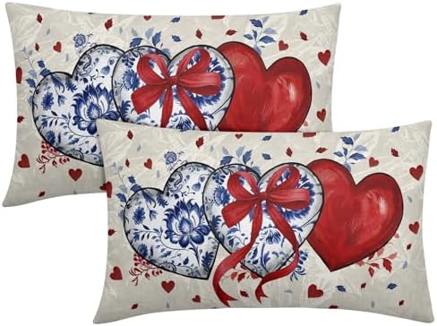 Valentines Day Pillow Covers 12x20 Set of 2 Red Blue Heart Throw Pillow Covers Love Pillowcase Linen Decoration Farmhouse Holiday Cozy Soft Cushion Case Couch for Indoor Outdoor Home Decor by Unknown
