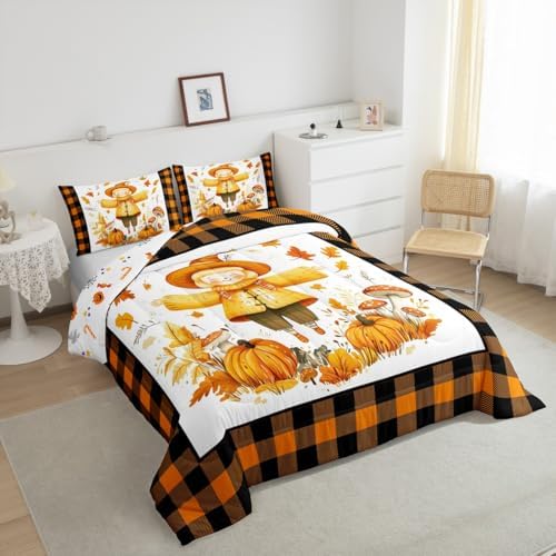 Erosebridal Fall Scarecrow Comforter Set for Kids Boys Girls Autumn Harvest Bedding Thanksgiving Pumpkins Duvet Set Black and Orange Grid Comforter Queen with 2 Pillowcases - Image 5