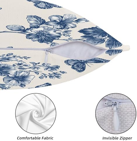 KiuLoam Navy Blue Floral and Butterfly Pillow Covers 20x20 Inch Set of 2, Vintage Chinoiserie Rustic Decorative Throw Pillows, Farmhouse Outdoor Square Cushion Cases for Sofa Couch Bed Home Decor - Image 5