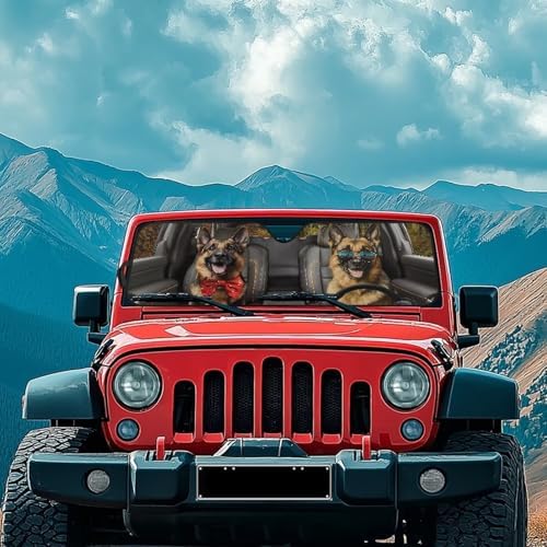 Renewold Funny German Shepherd, Windshield Sun Shade, Car Front Window Sunshade for Jeep Wrangler JK JL Gladiator JT 2020-2023, Foldable Auto Sun Visor Blocks Heat UV Glare, Car Accessories Interior