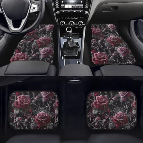 Rose Non-Slip Car Mats Set, Bloody Rose Spiderweb Vehicle Floor Mats for Cars Carpet Car Accessories, Gothic Garden Front & 2nd Row Floor Mats for Driver Seat