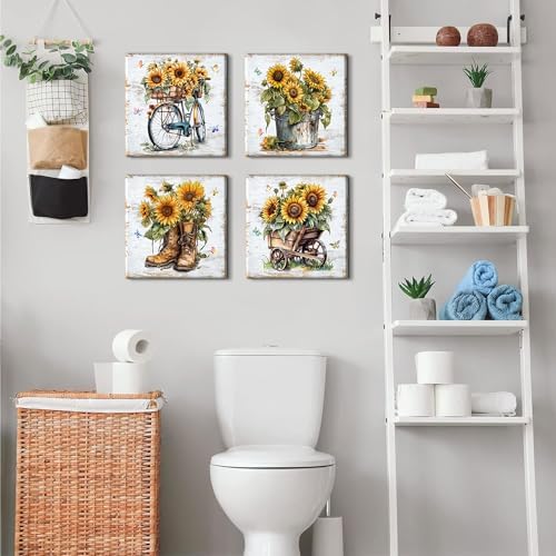 Rustic Sunflower Wall Art Farmhouse Bicycle Boots Truck Sunflower Picture Cowboy Wall Decor Vintage Country Wildflower Canvas Painting Modern Artwork Bedroom Living Room Kitchen Decoration 12x12" 4Pcs - Image 5