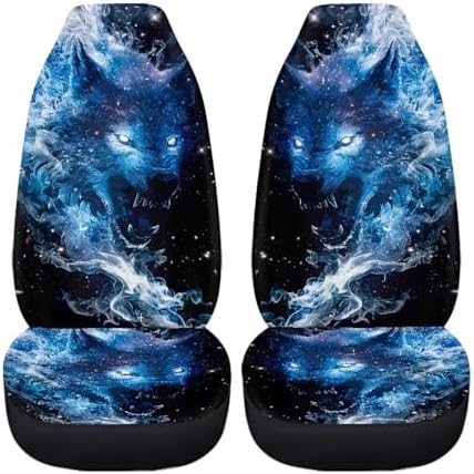 Blue Ghost Wolf Print Car Seat Covers Set of 2 Elastic Fabric Front Bucket Seat Covers Halloween Stretch Seats Protector Universal Fit Car Interior Decor