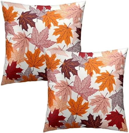 Fall Leaves Throw Pillow Covers 22X22 Inches Set of 2 Thanksgiving Autumn Harvest Maple Leaf Pillowcase Soft Cotton Square Cushion Covers for Home Sofa Bedroom Decoration - Image 2