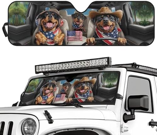 Renewold Funny Rottweiler Driving Automotive Windshield Sunshade for Jeep Wrangler JK JKU JL JLU 1997-2023 Gladiator JT Summer Sun Shield Cover Car Front Window Shade Blocks UV Heat Sunlight Sun Visor