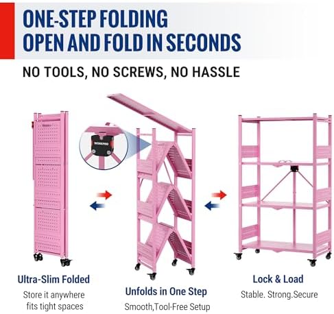 WORKPRO 4-Tier Folding Shelf, No-Assembly Metal Storage Rack with Wheels, 600 lbs Capacity (with Leveling Feet), Collapsible Shelving Unit for Kitchen, Pantry, Closet & Craft Shows - Pink - Image 5