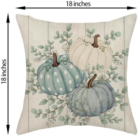 Fall Pillow Covers 18x18 Set of 2 Teal Blue Pumpkin Pillow Cases White Polka Outdoor Autumn Harvest Decoration Wood Plank Throw Pillows Linen Thanksgiving Cushion Case for Couch Sofa Home Decor - Image 2