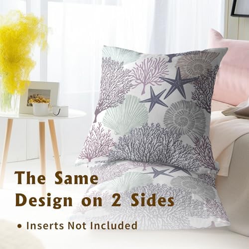 Sweetshow Ocean Coral Pillow Covers 22x22 Inch Nautical Coastal Throw Pillows Set of 2 Beach Seashell Starfish Pillow Case Soft Cotton Square Cushion Covers for Home Couch Sofa Patio Bedroom, Purple - Image 5