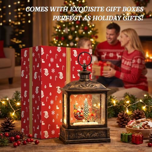 Christmas Snow Globe Lantern Water Glittering Santa Sleigh & Reindeer Scene with Music, USB Lined/Battery Operated Lighted Lantern for Christmas Festival Decoration Gifts - Image 7