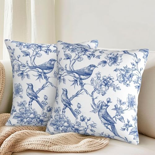 KiuLoam Blue and White Pillow Covers 18x18 Inch Set of 2, Chinoiserie Floral Bird Rustic Decorative Throw Pillows, Vintage Farmhouse Outdoor Square Cushion Cases for Sofa Couch Bed Home Decor - Image 2