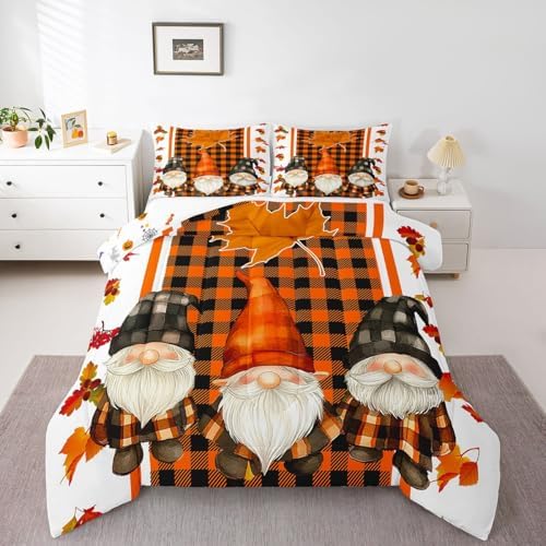 Erosebridal Fall Gnome Bedding Set Queen Size Orange Black Lattice Comforter Set Pumpkin Thanksgiving Autumn Harvest Down Comforter for Boys Child Teens Maple Leaves Quilt Set Nature Grid Room Decor by Erosebridal