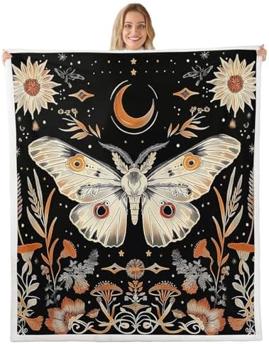 Butterfly Moth Sherpa Blanket Floral Sunflower Mushrooms Throw Blanket Bedroom Living Room Soft Cozy Galaxy Starry Sky Blankets Decor for Bed Couch Sofa Black Orange Flannel Blankets 90"x90" by CastleFairy