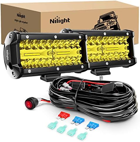Nilight Led Light Bar 2PCS 6.5 Inch Amber 120W Spot Flood Combo 12000LM Waterproof Triple Rows Off Road Fog Lights with 16AWG Wiring Harness Kit-2 Lead, 2 Year Warranty