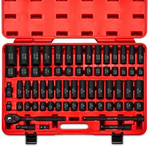 NEIKO 02448A 1/2" Drive Master Impact Socket Set, 65 Piece, Standard SAE (3/8"-1-1/4") & Metric (10-24 mm) Sizes, Deep & Shallow Kit, Includes Adapters & Ratchet Handle by NeikoTools