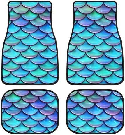 Mermaid Car Floor Mats Set of 4,Blue Mermaid Scale Print Vehicle Front Rear Carpets Mat Fish Scales Pattern Car Floor Carpets Rugs Non-Slip Auto Car Accessories Universal Fit for Car SUV Truck Van
