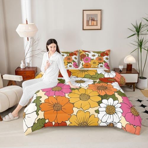 Floral Comforter Set Queen Colorful Groovy Flower Bedding Set For Kids Boys Adults Cartoon Blossom Retro Flowers Down Comforter Yellow Green Farmhouse Botanical Quilt Set Garden Bedroom Decor 3Pcs - Image 4